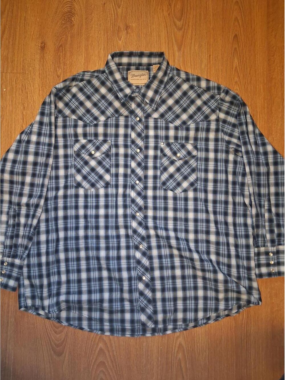 Wrangler Pearl Snap Shirt Mens 2XL Blue Plaid Cotton